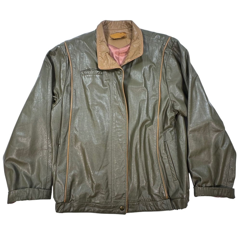 Vintage Olive Green Leather Bomber Jacket Tan Trim Full Zip Mens Medium